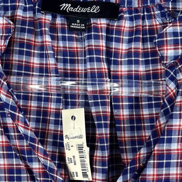 Madewell Womens Plaid Tie-Sleeve Popover Blouse Blue Red NWT Size S Cotton Linen - Picture 4 of 7